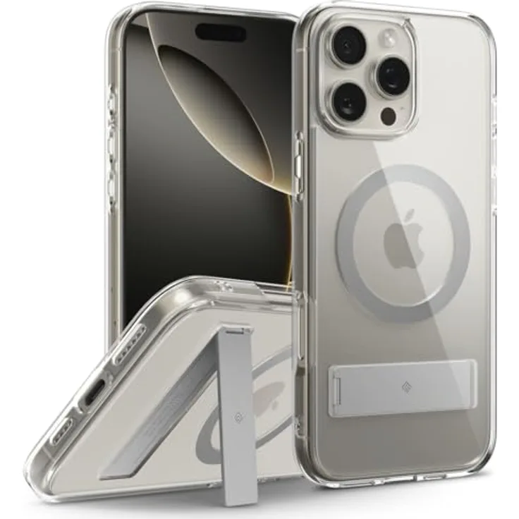 Caseology Capella Mag Kickstand für iPhone 16 Pro Hülle - Magnetischer [Integrierter Ständer] Fallschutz in Militärischer Qualität - Clear Gray
