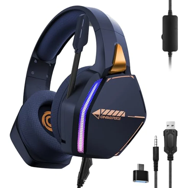 Oniverse Nebula Gaming-Headset PS5 PS4 Switch 2 Xbox PC Mac, 50 mm Lautsprecher, verstellbares Mikrofon, LED, atmungsaktive Stoffpolster, kabelgebunden, Blau – Bild 1