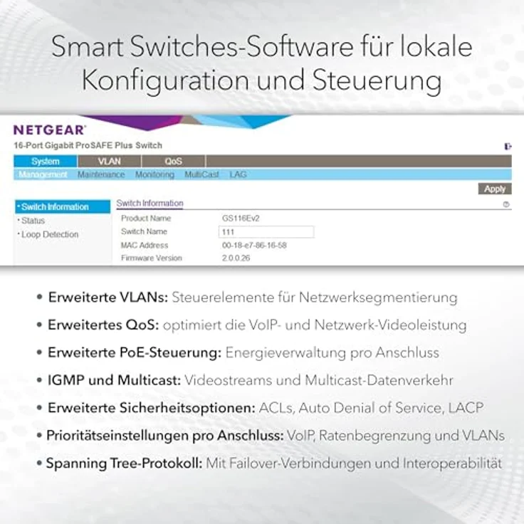 Netgear 24P GE POE+ SMART SWITCH (26 Ports), Netzwerk Switch, Blau - GS724TPP, 24 Port Gigabit Smart Switch, 380W PoE+ Budget, 2x SFP+ Ports – Bild 4