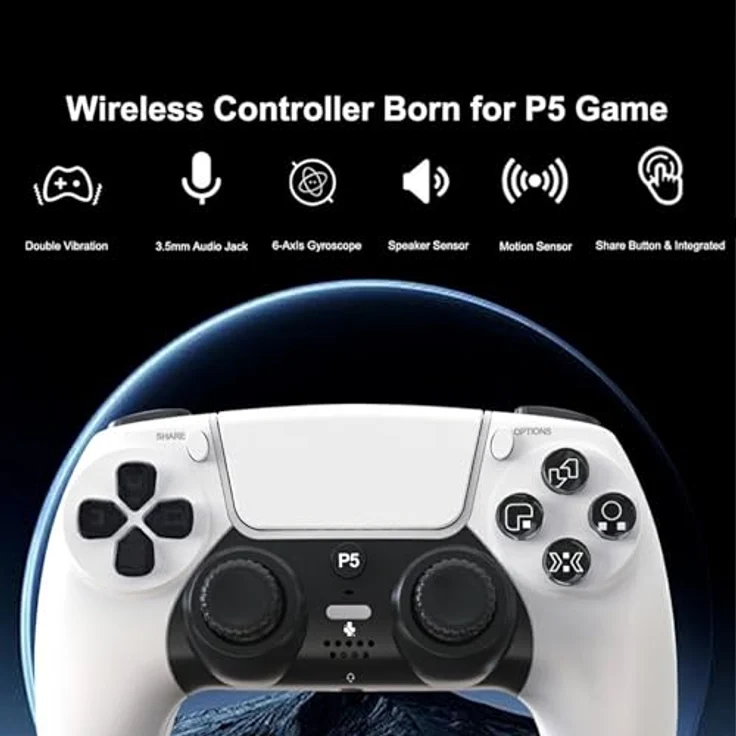 Wigento Wireless Gaming Controller für PS5, Hall Effekt Sensoren, Gyroskop, Dual Vibration, Weiß – Bild 2