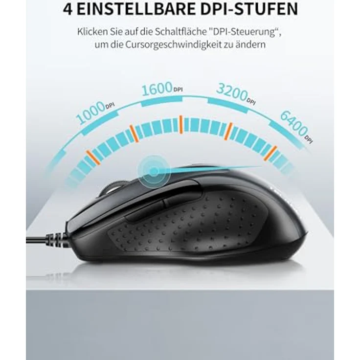 TECKNET MAUS mit Kabel, 6 Tasten, 6400 DPI, Ergonomische Optical Maus für PC und Laptop, USB-Kabel 150 cm, Grau – Bild 2