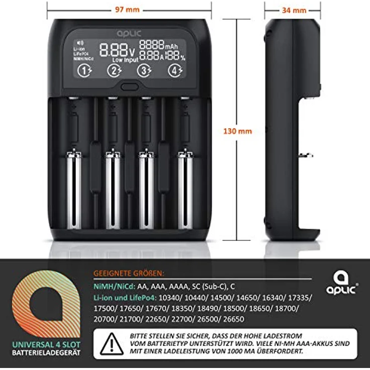 CSL - Universal Batterie Ladegerät - Akku Batterieladegerät Intelligent Battery Charger - für Li-ion, NI-MH, NI-Cd, LiFePo4 Akkus 18650 AA AAA Batterien und Akkus - LCD Display mit Echtzeitanzeige – Bild 4