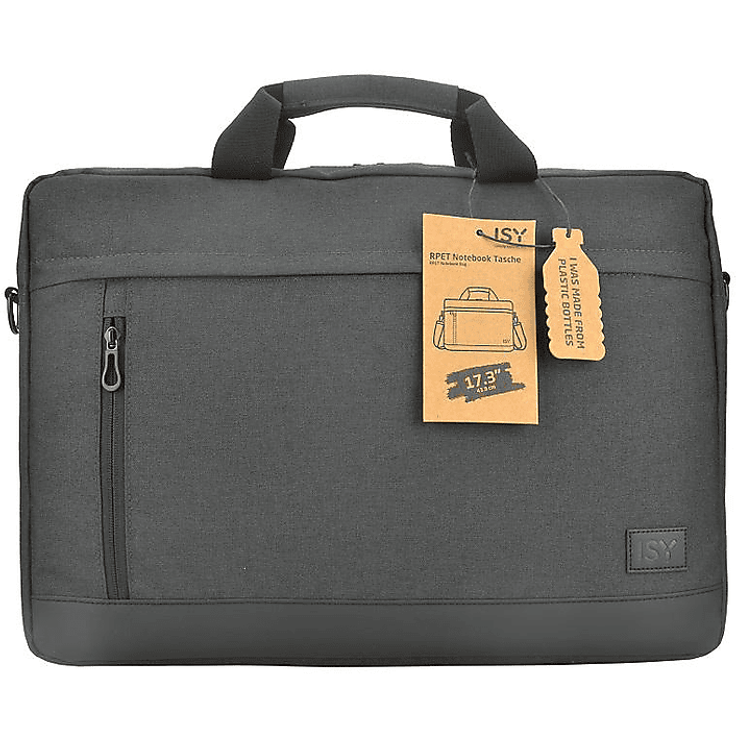 ISY INB 2173-1-BK Notebooktasche aus recyceltem Polyethylenterephthalat, Schwarz, großes gepolstertes Hauptfach, verstellbarer Schultergurt