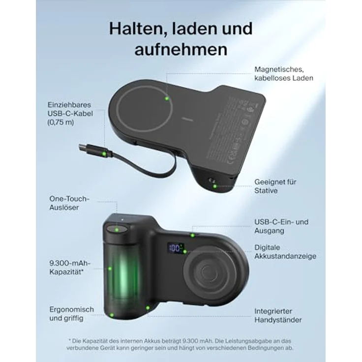 Belkin Stage PowerGrip, Magnetischer Kameragriff mit 9300mAh Powerbank, Einziehbarem USB-C-Kabel und Bluetooth, Stativhalter mit LCD-Display für iPhone und Pixel – Bild 3