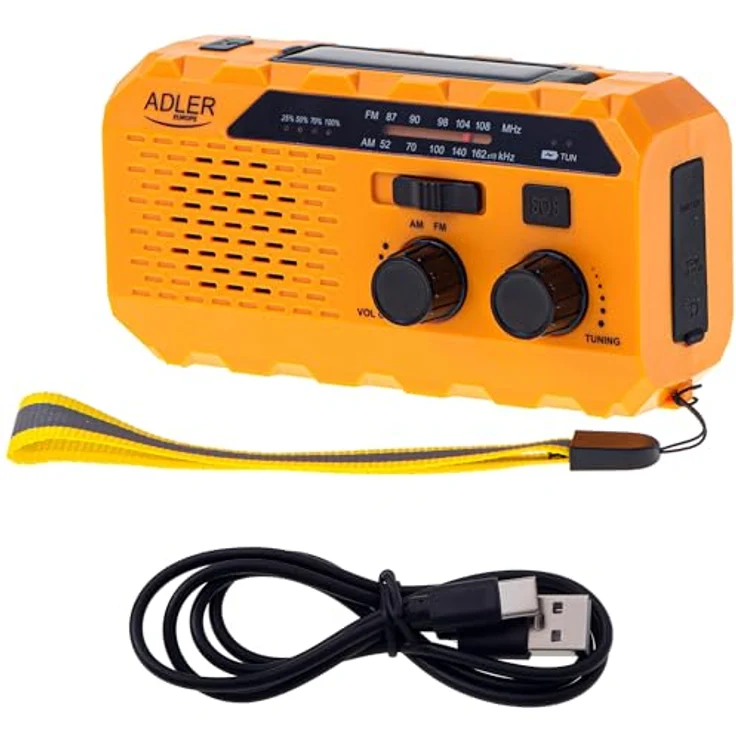 Adler Crank powered Radio, FM/AM Empfang, kompakt, schwarz/orange, mit Alarmfunktion und USB-C Lade-Eingang – Bild 7