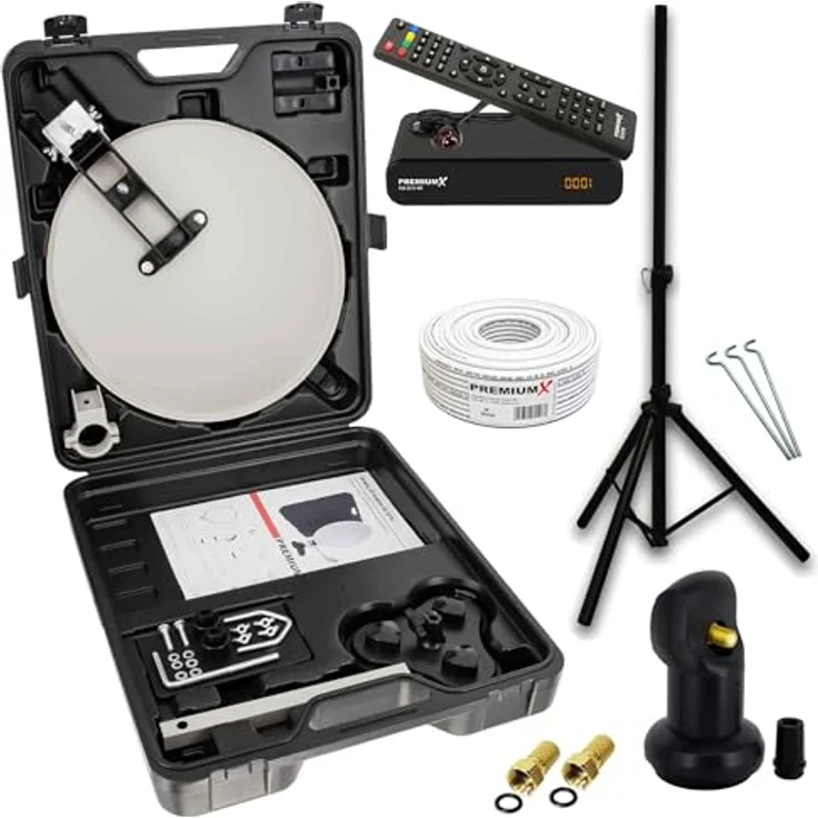 PremiumX Camping SAT Anlage, Satellitenschüssel mit TV Receiver, Single LNB, 10m Kabel, F-Stecker, wettergeschützt, im Koffer mit Camp Stativ – Bild 1