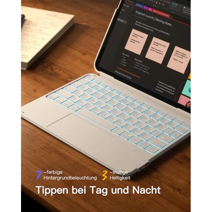 Inateck Hülle mit Tastatur, Ultraleichte QWERTZ-Tastatur für iPad 11/10 Gen A16 2025, iPad Air 11" M3/M2, 7-Farbige Beleuchtung, Abnehmbar, Weiß – Bild 4