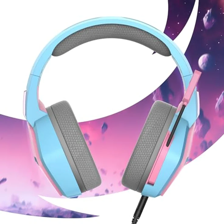 Oniverse Gaming-Headset PS5 PS4 Switch Xbox PC Mac mit verstellbarem Mikrofon, LED, Lautsprecher 50 mm, Ohrpolster aus atmungsaktivem Stoff, kabelgebunden, Nebula (Diva Pink/Rosa) – Bild 3