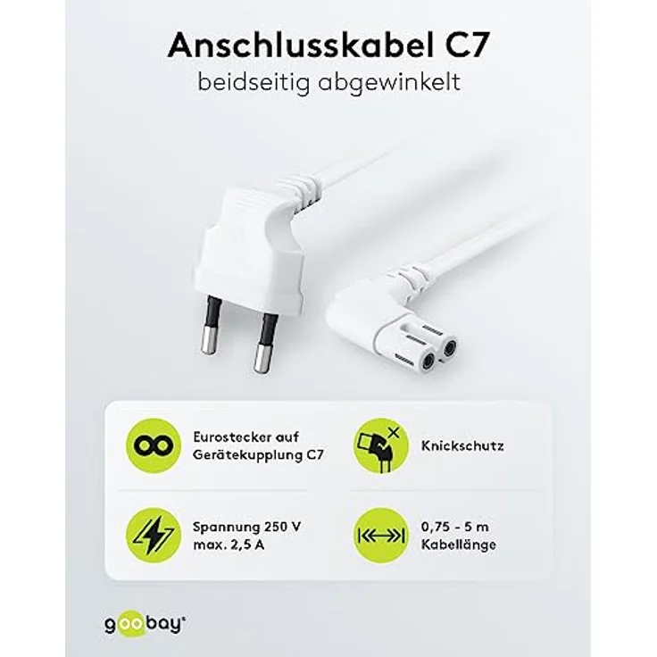 Goobay 97356 Euro Anschlusskabel beidseitig abgewinkelt, 3 m, Schwarz Eurostecker (Typ C, E 7-16) > Gerätebuchse C18 – Bild 2