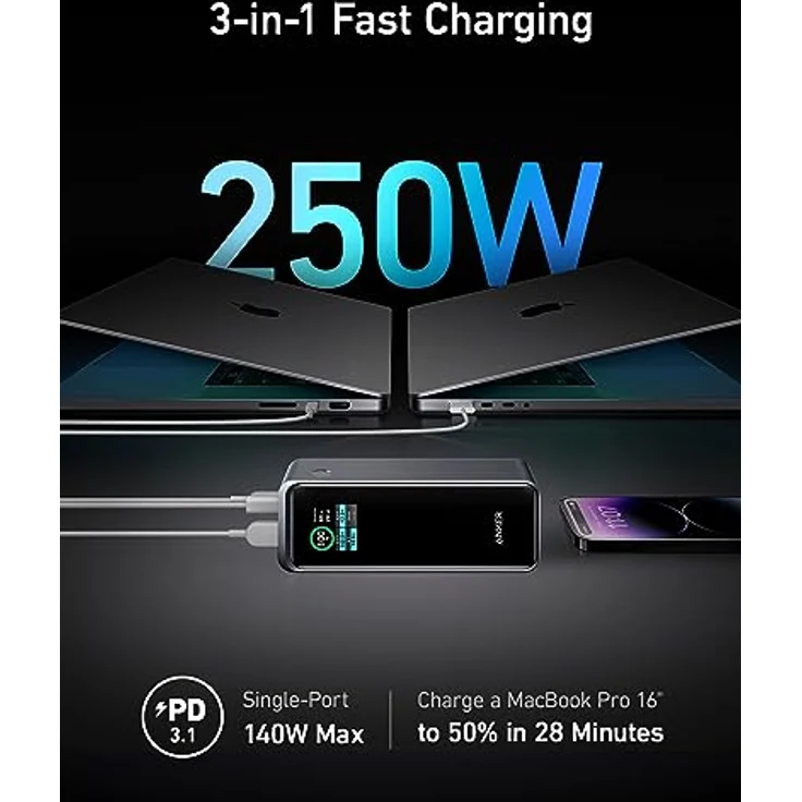 Anker Prime 27.650mAh Powerbank (250W), 3-Port Powerbank, Smarte App Kontrolle, Kompatibel mit MacBook Pro/Air, iPhone 14/13 Serie, Samsung, AirPods, und mehr (Ladestation separat erhältlich) – Bild 2