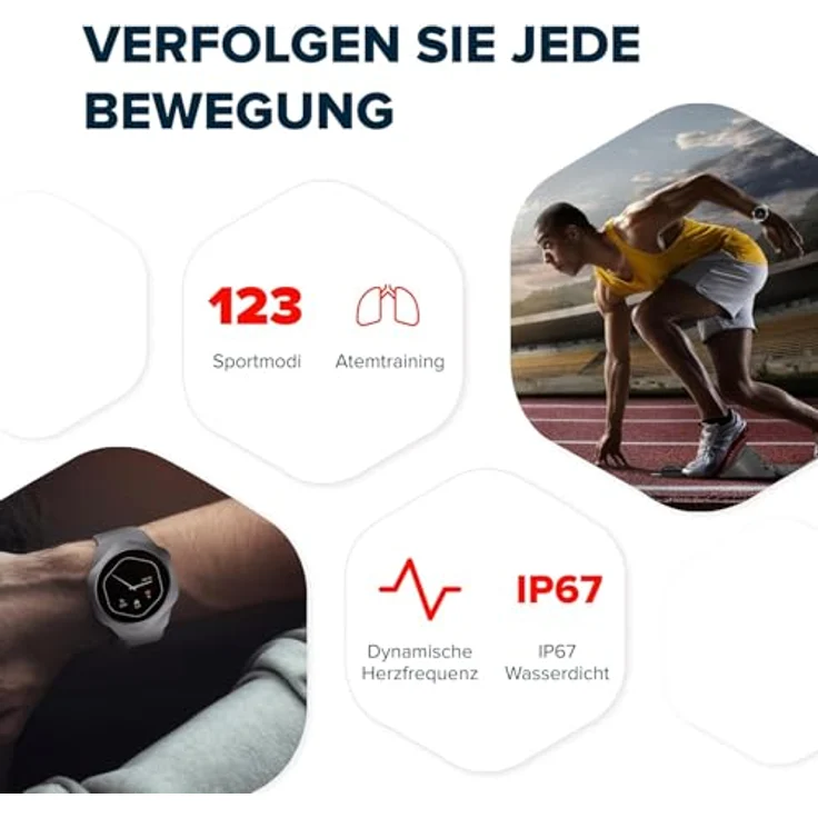 CANYON Smartwatch Hexagon, 1,43" AMOLED Fitnessuhr mit Telefonfunktion, 123 Sportmodi, SpO2 & Herzfrequenz, Schrittzähler, Schlafmonitor, iOS & Android, in Aluminiumlegierung – Bild 5