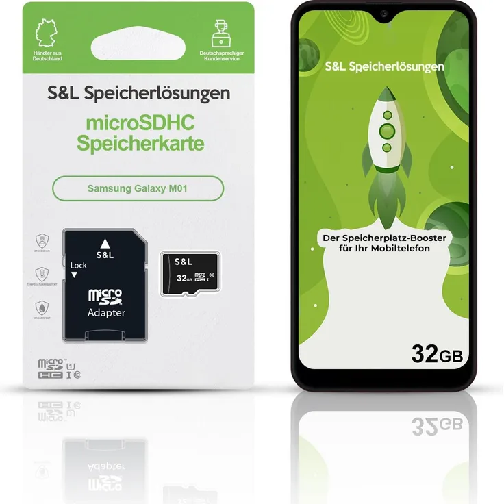 S&L microSD Speicherkarte 32 GB für Samsung Galaxy M01, Class 10 U1, stoßsicher und wasserdicht