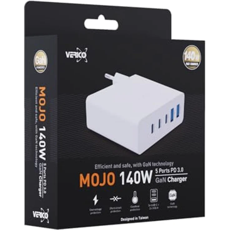 VERICO Power MOJO GaN 140W, 5 Port Ladegerät, Netzteil, PD3.0/QC3.0, 3 x USB-C, 2 x USB-A. – Bild 2
