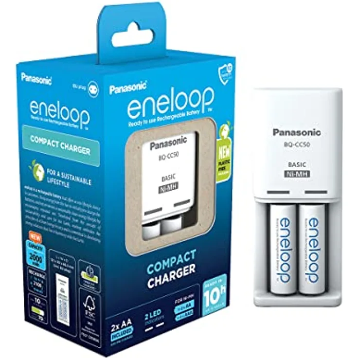 Panasonic eneloop Compact Ladegerät für 1–2 AA/AAA NI-MH-Akkus, mit 2 LED-Anzeigen und 6 Sicherheitsfunktionen, inkl. 2 eneloop AA/Mignon-Akkus, verbesserte Kapazität von min. 2000 mAh, Blue