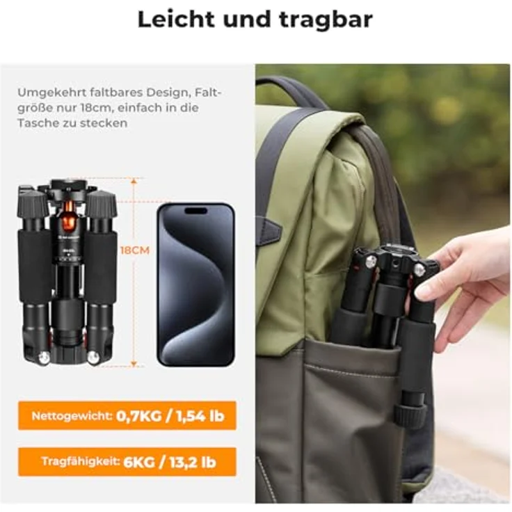 K&F CONCEPT Mini Stativ S225A1+BH-25, kompaktes Tischstativ mit 360° Kugelkopf, max. Belastung 6 kg, Höhe bis 52 cm, inkl. Handyhalterung, kompatibel mit Canon/Sony/Nikon/Fujifilm – Bild 2