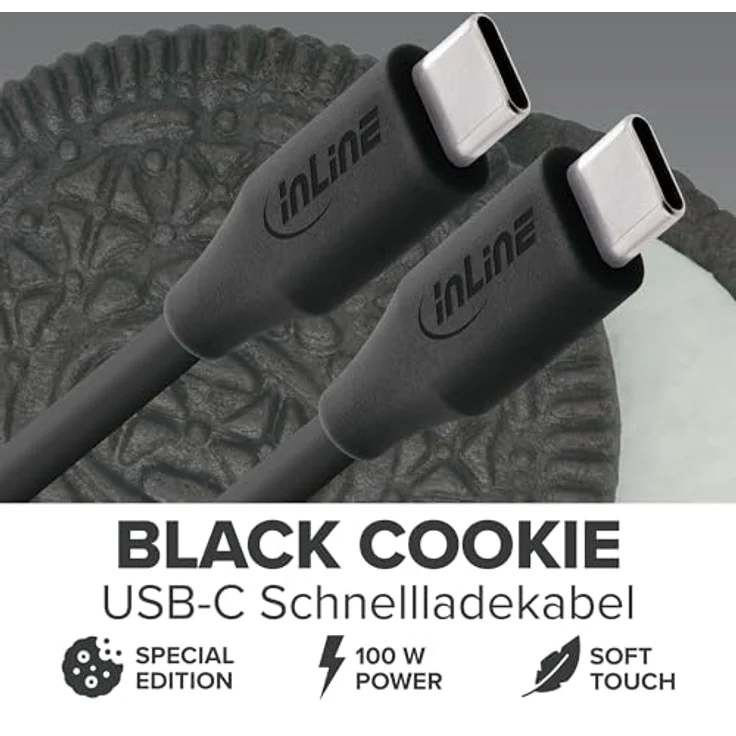 InLine Colour your Charge USB C Kabel 100W, PD Schnellladekabel, Silikon, flexibel, 0,5m, Black Cookie (schwarz) – Bild 2