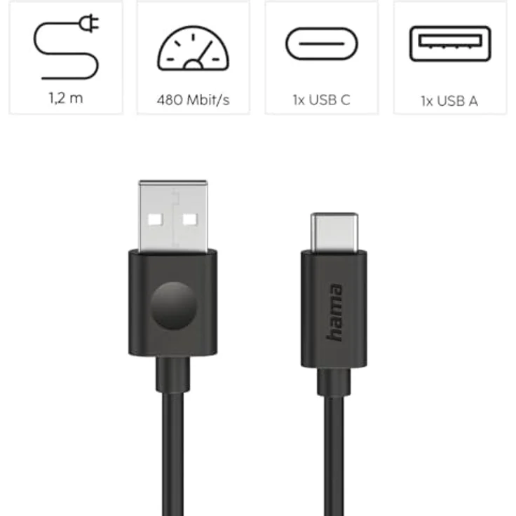 Hama USB-Kabel, USB-A auf USB-C, 1,2 m, Schwarz, Schnellladekabel für Smartphones und Tablets, 480 Mbit/s Datenübertragung – Bild 2
