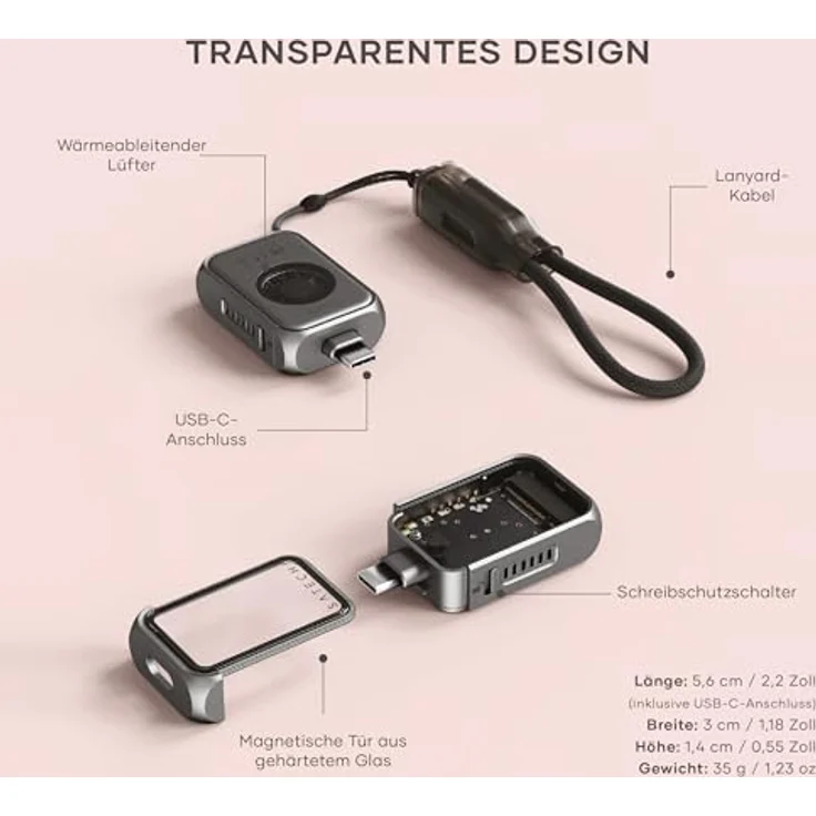 SATECHI M.2 NVMe Mini SSD-Gehäuse, 10 Gbps Übertragungsgeschwindigkeit, bis zu 2TB Speicher, aktive Selbstkühlung, tragbares USB-C-Gehäuse, geeignet für NVMe 2230 SSDs (SSD nicht enthalten) – Bild 5
