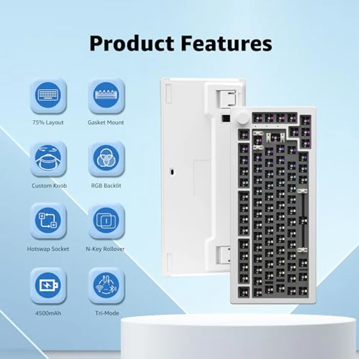 Akko 5075B ISO Barebone-Tastatur-Kit, mechanische Gaming-Tastatur mit 2,4 GHz/Bluetooth 5.0, VIA-programmierbar, Hot-Swap-fähig, 4500-mAh-Akku, RGB-Hintergrundbeleuchtung, Weiß – Bild 2