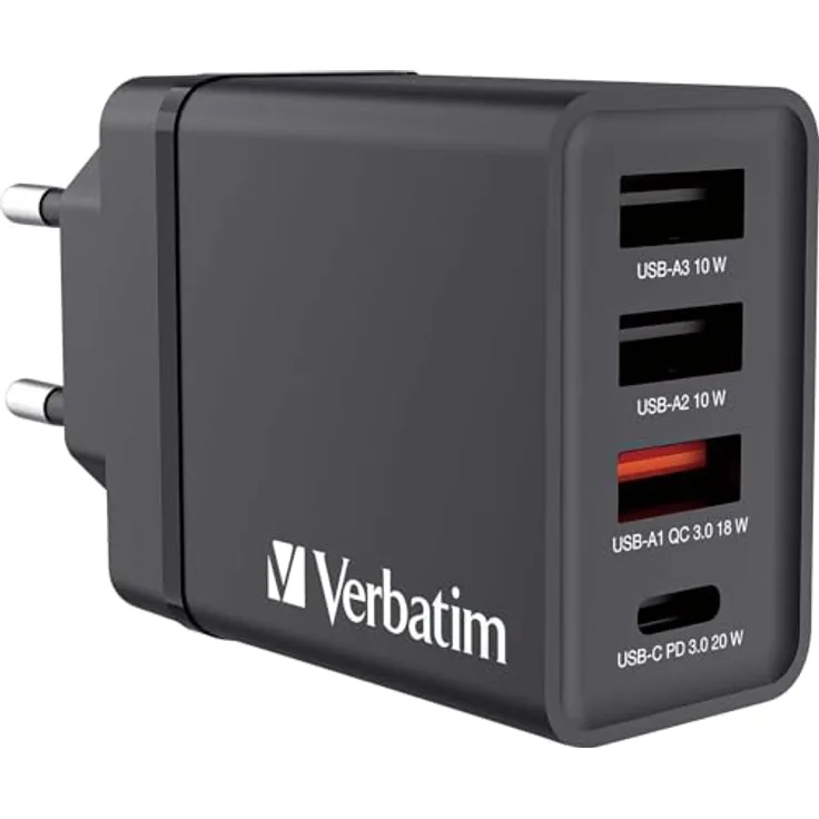 Verbatim USB Wall Charger 30W, Black 1x USB-C© PD 20W / 1x USB-A, 49700, Handy-Ladegerät mit 3x USB-A Ports + 1x USB-C Port 30W (Schwarz)