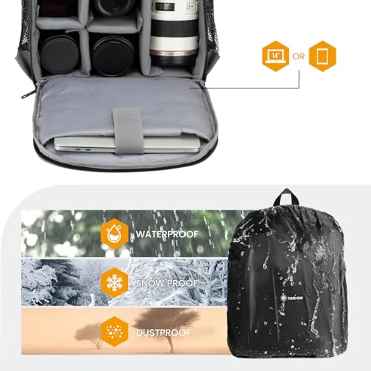 TARION TB-M Kamerarucksack, kompakter Fotorucksack für Spiegelreflexkameras, wasserabweisend, Schwarz, 16 Liter, Leichtgewicht mit Laptopfach bis 14 Zoll – Bild 5