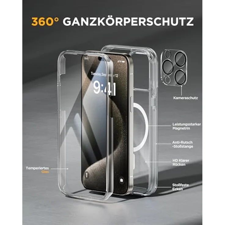 miracase Vollschutzhülle für iPhone 15 Pro, Magsafe, 360° Ganzkörperschutz mit 9H Glas Displayschutzfolie, Klar – Bild 2