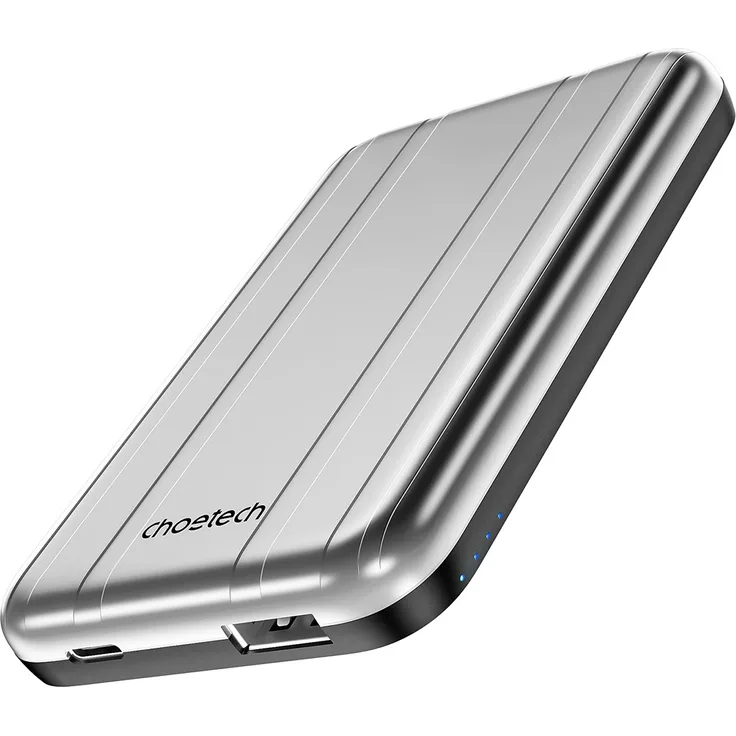 CHOETECH Mini Powerbank B655 Induktiv MagSafe USB-A/USB-C 5000mAh Silber - Kabelloses Laden, 10W, gleichzeitiges Aufladen von bis zu 3 Geräten