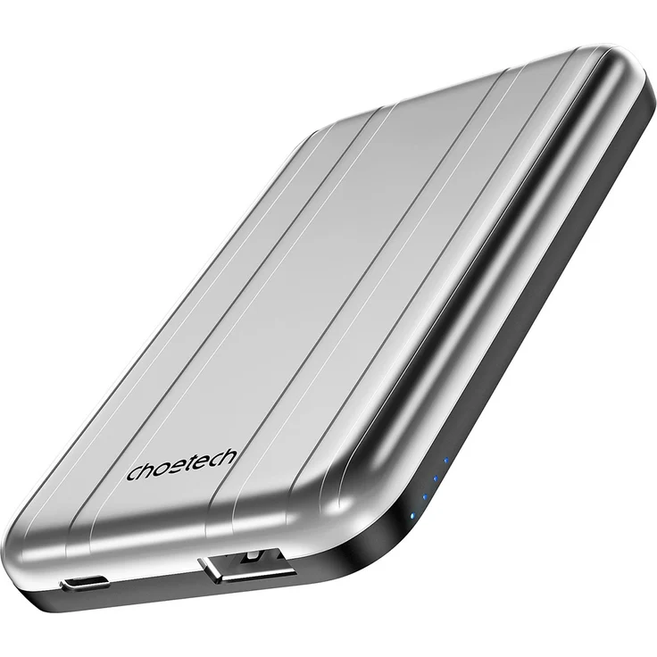 CHOETECH Mini Powerbank B655 Induktiv MagSafe USB-A/USB-C 5000mAh Silber - Kabelloses Laden, 10W, gleichzeitiges Aufladen von bis zu 3 Geräten