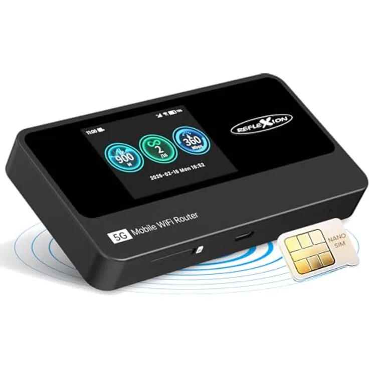 Reflexion 5GCONNECT WLAN Router, mobiler Hotspot mit 4200mAh Akku, WiFi 6, 2,4 Zoll Display, Nano-SIM, bis 16 Geräte, USB-C Anschluss