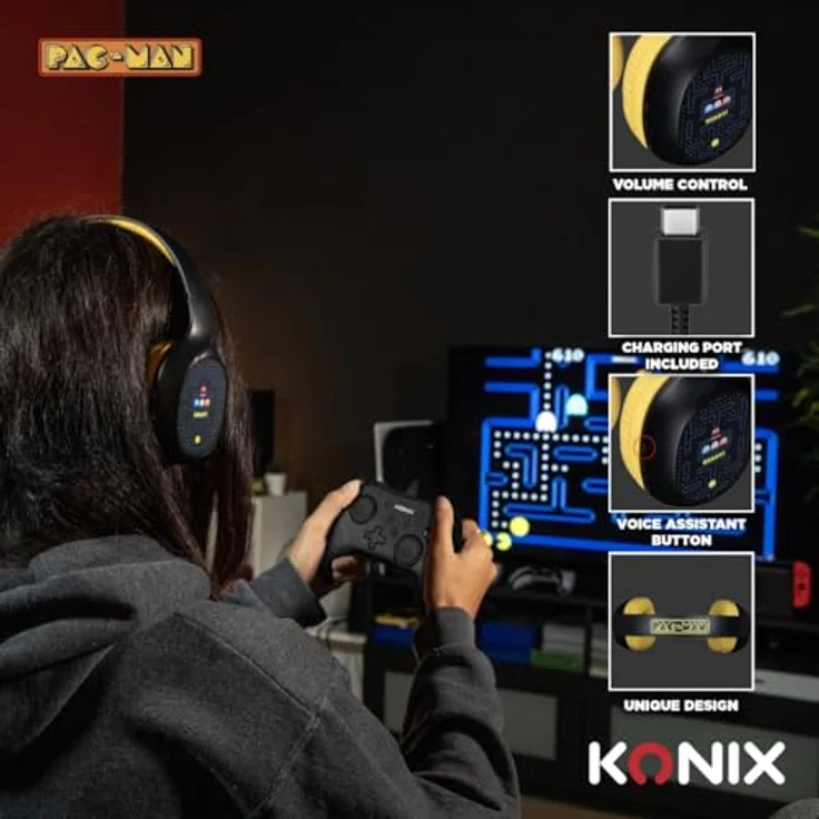 Konix Pac-Man Kabellose Bluetooth 5.3-Kopfhörer – 30 Stunden Akkulaufzeit – 3,5-mm-Klinkenkabel – Schwarz und Gelb – Bild 4
