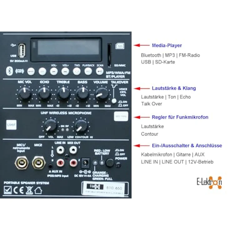 E-Lektron EL25-M 500W Mobile PA Soundanlage Akku-MP3-USB-Bluetooth inkl. Funkmikrofon Soundsystem, schwarz – Bild 7