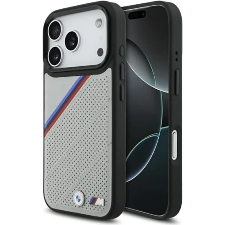 CG MOBILE BMW M Tricolor Metal Logo Schutzhülle, kompatibel mit MagSafe für iPhone 17 Pro, grau, aus Kunstleder/PC/TPU – Bild 1