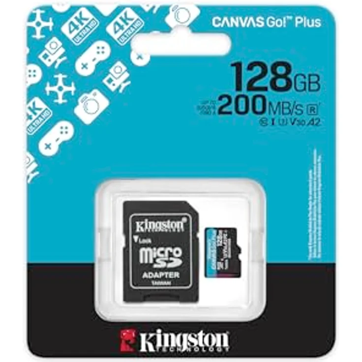 Kingston Canvas Go Plus microSDXC Speicherkarte Gen4 200MB/s A2 U3 V30 128GB Karte + Adapter, Grau – Bild 3
