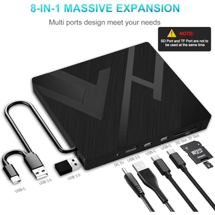JBonest Externes CD DVD Laufwerk USB 3.0 Typ-C, Extern mit SD/TF-Kartenleser Portable RW Brenner,Schnelle Datenübertragung für Laptop,Desktop,MacBook,Win11/10/8/7/XP, Linux,Mac OS,Vista – Bild 3