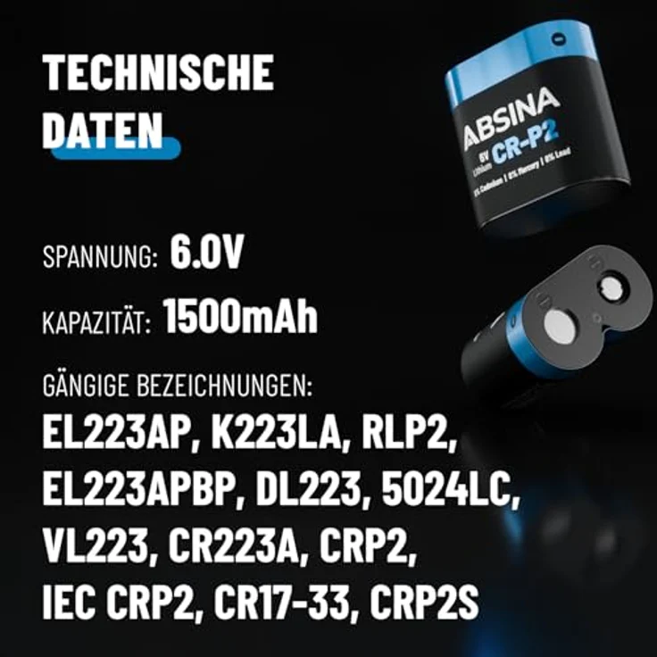 ABSINA CR P2 Lithium Batterie 6V, 2er Pack mit 1500mAh Kapazität, Temperaturfest von -20°C bis +60°C – Bild 4