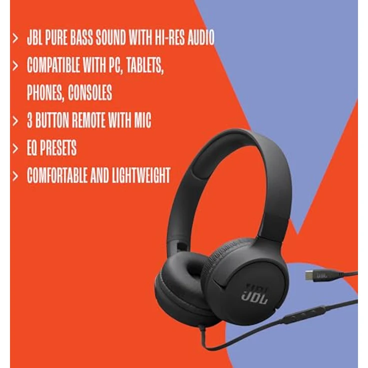 JBL Tune 520C, kabelgebundene On-Ear-Kopfhörer mit Mikrofon, Pure Bass Sound, EQ-Presets, USB-C-Anschluss, faltbares Design, Schwarz – Bild 3