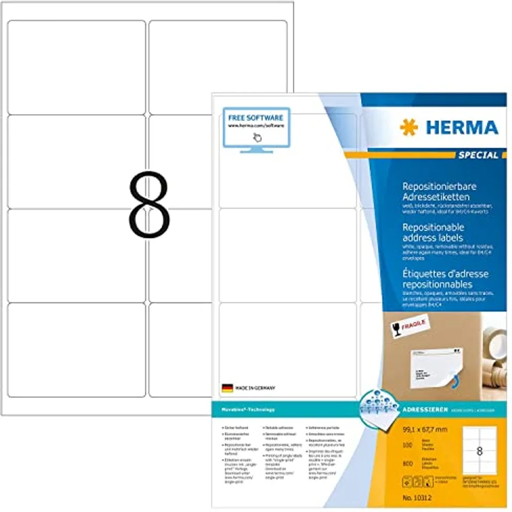 Universal Etiketten blickdicht ablösbar, 100 Blatt, 99,1 x 67,7 mm, 8 Stück pro A4 Bogen, 800 Aufkleber, selbstklebend, bedruckbar, matt, blanko Klebeetiketten aus Papier, weiß