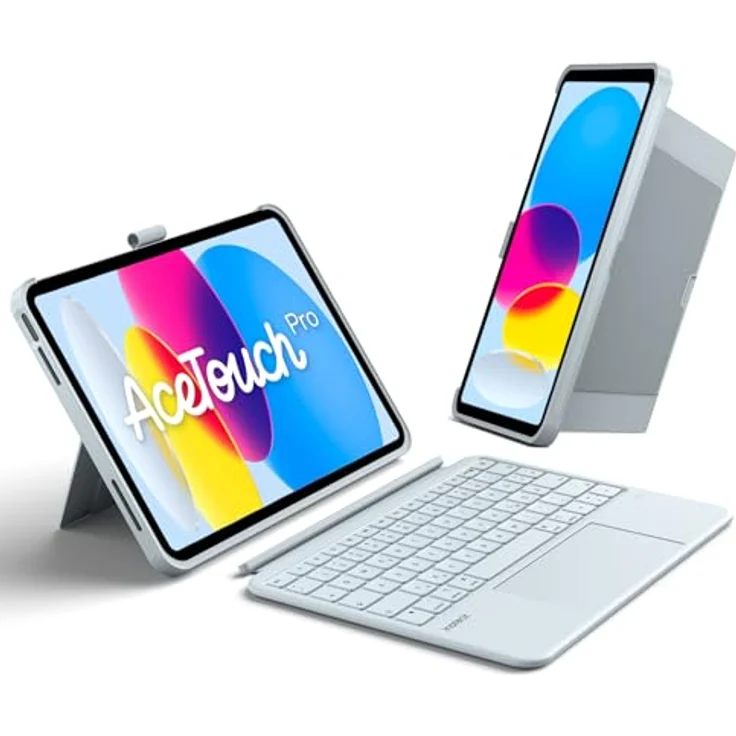 Inateck AceTouch Pro Hülle mit Tastatur für iPad 11 A16 2025 & iPad 10. Gen 2022, 5,1" Touchpad, abnehmbar, QWERTZ, blau, vertikaler/horizontaler Ständer, Stifthalter – Bild 1