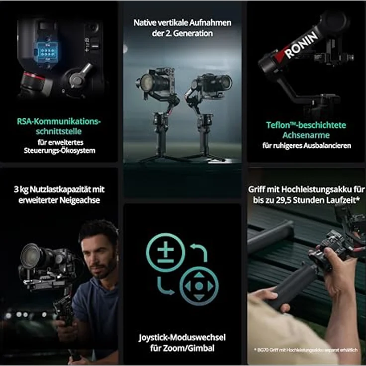 DJI RS 4 Combo, 3-Achsen Gimbal-Stabilisator für DSLR- und spiegellose Kameras Canon/Sony/Panasonic/Nikon/Fujifilm, Native vertikale Aufnahmen, 2-Modus-Joystick, Teflon-Achsenarme, Focus Pro Motor – Bild 2