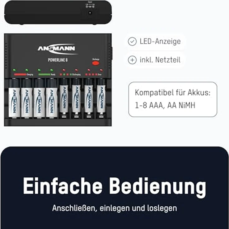 ANSMANN Akku-Ladegerät zum Laden & Entladen von 8x AA-AAA NiMH Akkus - 8-fach Batterieladegerät mit Einzelschachtüberwachung, automatische Abschaltung, Erhaltungsladung & USB Lader - Powerline 8 – Bild 3