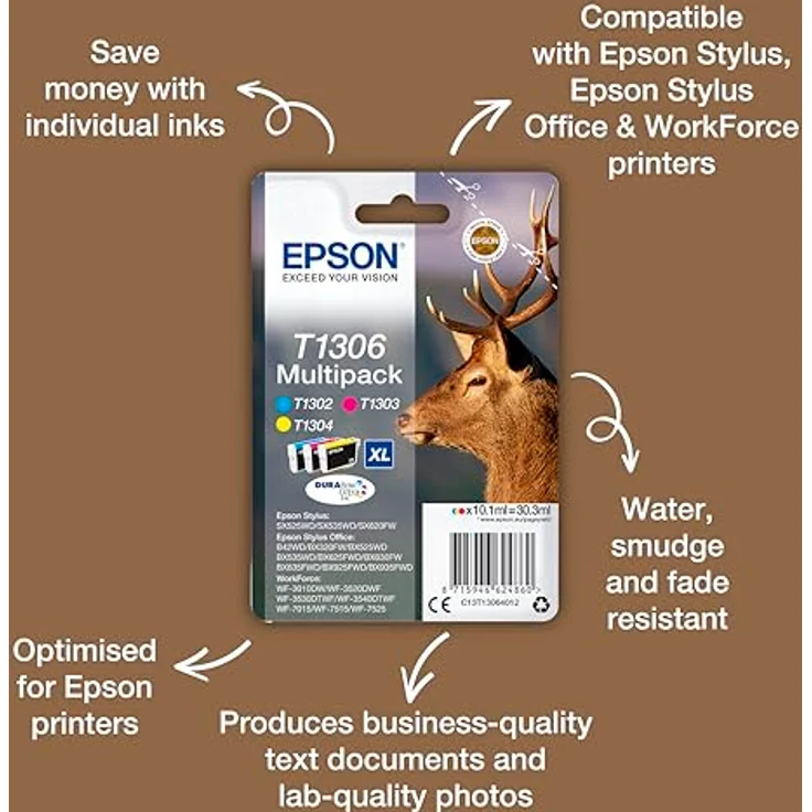 Epson Original T1306 Tinte Hirsch (SX420W BX320FW SX620FW BX-SX525WD BX625FWD BX305FW B42WD BX925FWD BX635FWD BX535WD SX435-440W BX630FW SX235W WF7015 7515 7525 3010 3520 3540) Multipack 3-farbig – Bild 2