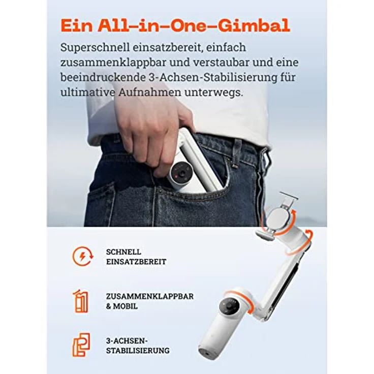 Insta360 Flow - KI-gestützter Smartphone-Gimbal, Smartphone-Gimbal,Handy, m. Auto-Tracking, 3-Achsen-Stabilisierung, Integrierter Selfie-Stick & Stativ, Tragbar & Zusammenklappbar, Hellgrau – Bild 2