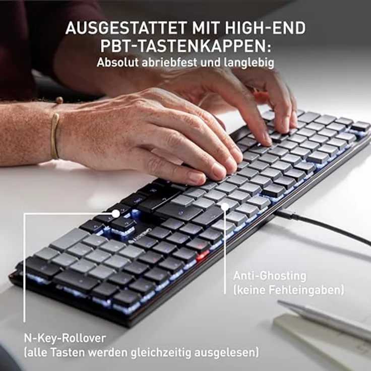 CHERRY KC 500 MX LP, Mechanische Low-Profile-Tastatur, Kabelgebunden (USB-A), Deutsches Layout (QWERTZ), Weiße Beleuchtung, MX LP 2.0 Ivory Switches, Schwarz – Bild 5