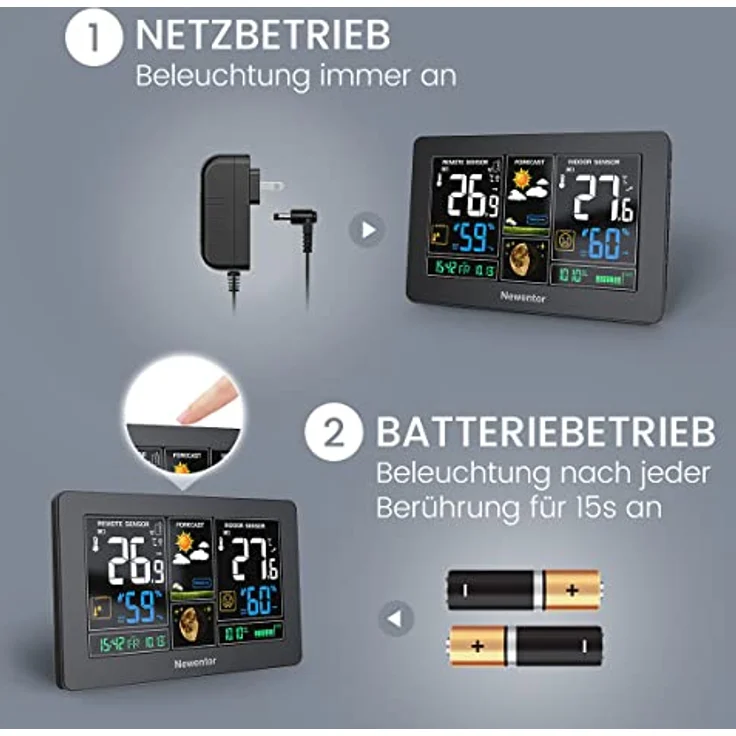 Newentor Wetterstation Funk mit Außensensor - Funkwetterstation mit Wettervorhersage, Temperaturwarnung, DCF Funkuhr - Batteriebetrieb und Netzbetrieb, Schwarz – Bild 3