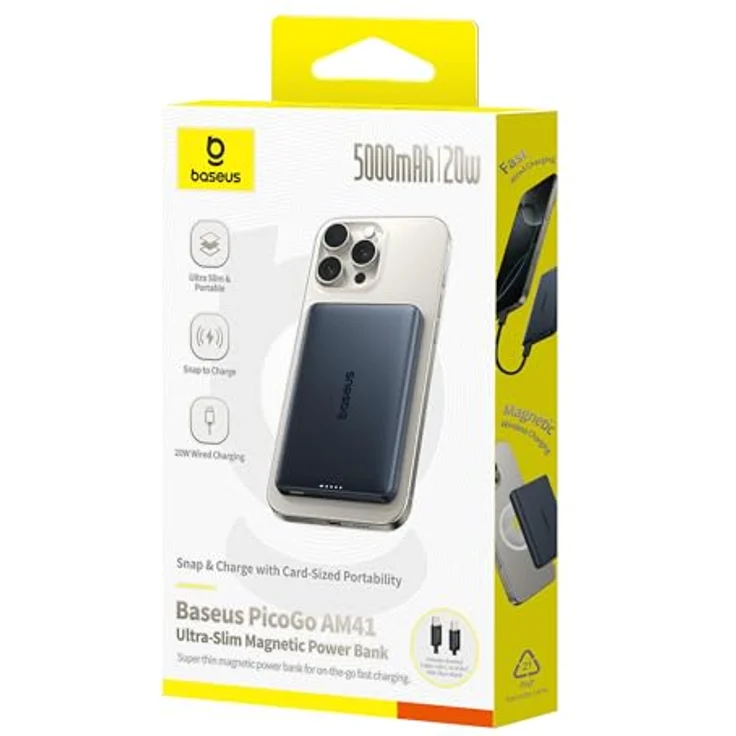 Baseus PicoGo AM41 Powerbank, 5000mAh, 20W PD + FQI, ultradünn und leicht, Schwarz – Bild 8