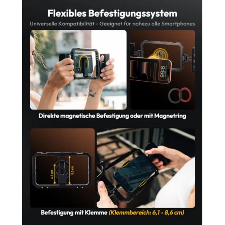 Rollei Universal Smartphone Cage All-in-One Video Rig, Aluminium, ergonomische Griffe, kompatibel mit MagSafe, 20 Gewinde und 4 Cold Shoes – Bild 2