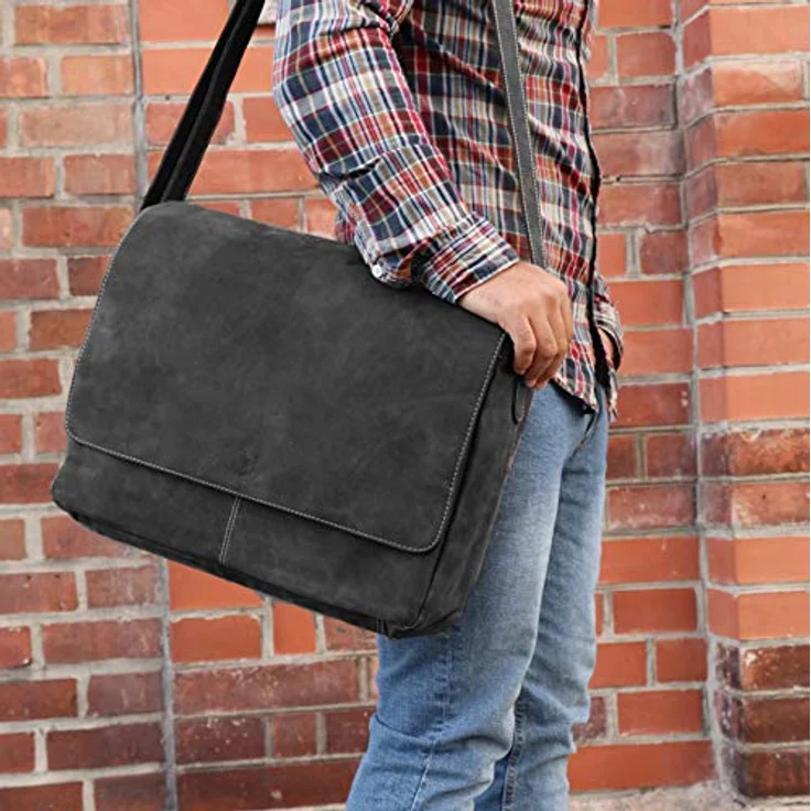 SID & VAIN Laptoptasche Messenger Bag Spencer aus Büffel-Leder I Business-Tasche XL für Herren 15 Zoll extra Laptop-Hülle I Umhängetasche grau handgefertigt – Bild 3