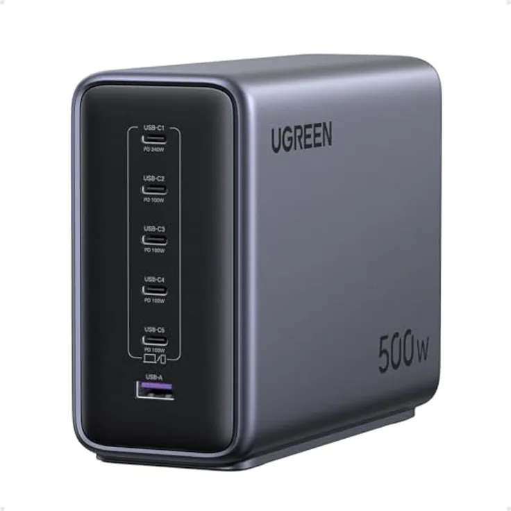 UGREEN Nexode 500W USB C Ladegerät 6-Port GaN Ladestation, PD 3.1 Desktop Charger für MacBook, iPad Pro/Air, iPhone 16-8 Serie, Galaxy S25-S22, universelle Kompatibilität, 240W Schnellladung