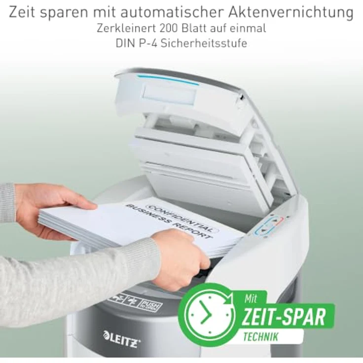 Leitz IQ OptiMax Autofeed 200, Partikelschnitt Aktenvernichter P-4, 200 Blatt Kapazität, BRT Technologie, 21 l Behälter – Bild 2