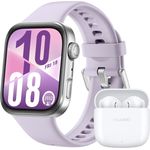 HUAWEI Watch Fit 4, Smartwatch mit silbernem Gehäuse und violettem Fluorelastomer-Armband + FreeBuds SE 2, weiße Earbuds